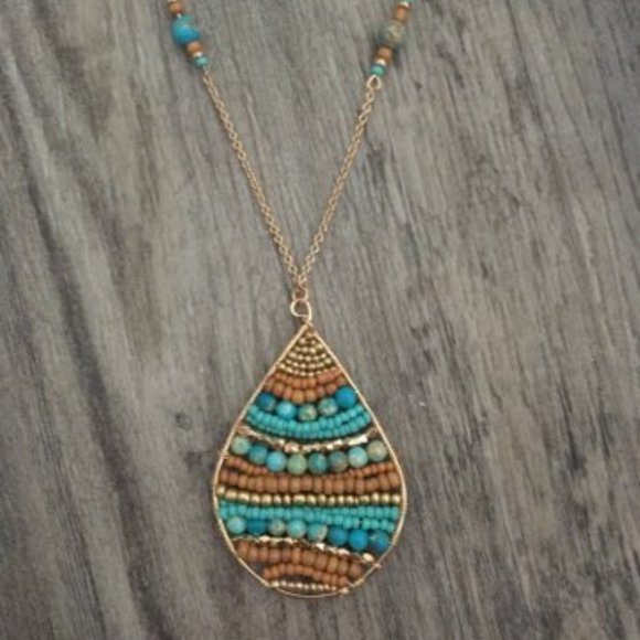 Long Gold Colored Boho Beaded Teardrop Necklace - Picture 2 of 4